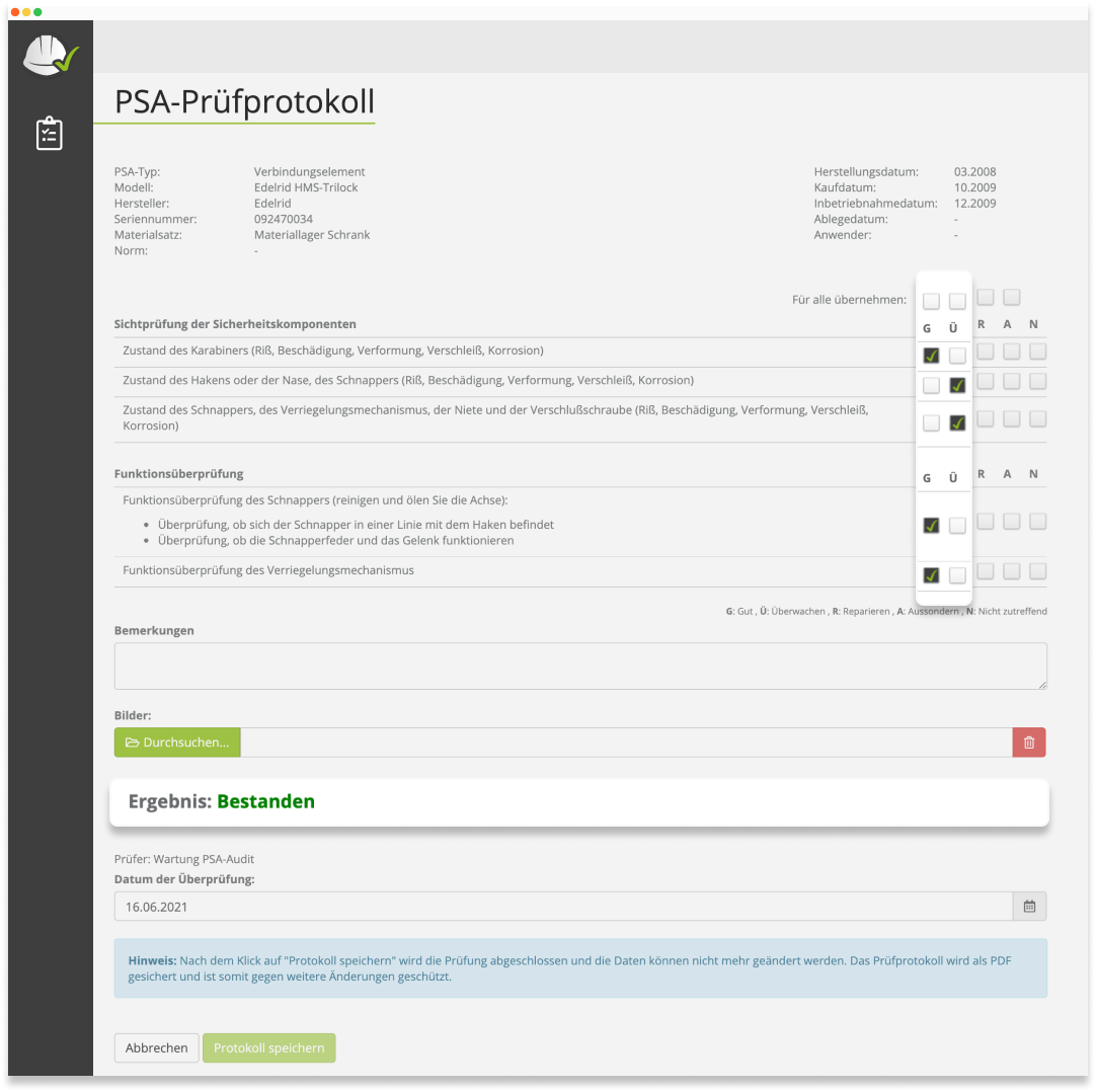 Interaktives Prüfprotokoll als Screenshot von der Nutzeroberfläche von PSA Audit.