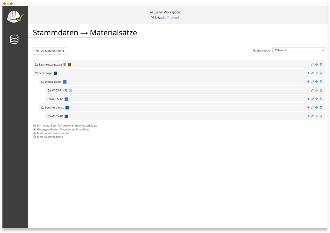 Screenshot von Workspaces und Materialsätze auf Benutzeroberfläche von PSA-Audit.