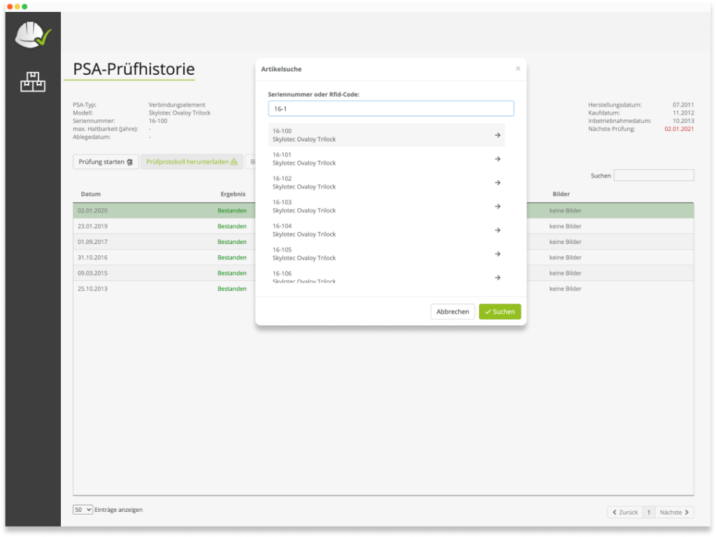 Screenshot von der Artikelsuche und der Prüfhistorie.